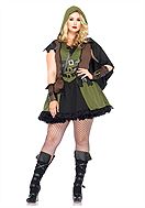 Kvinnlig Robin Hood, maskeradklänning med bälte, spetskant och cape, plus size